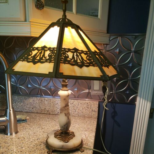 ANTIQUE LARGE SLAG STAINED GLASS FILIGREE LAMP 8 PANEL 21 h SHADE ART DECO RARE ANTIQUE LARGE SLAG STAINED GLASS FILIGREE LAMP 8 PANEL