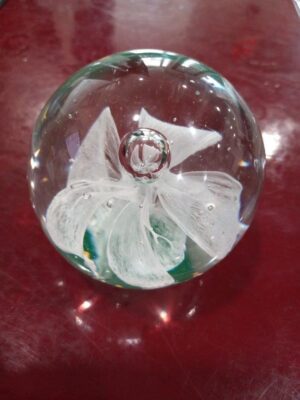 Vintage Heavy Glass Paperweight with white flower