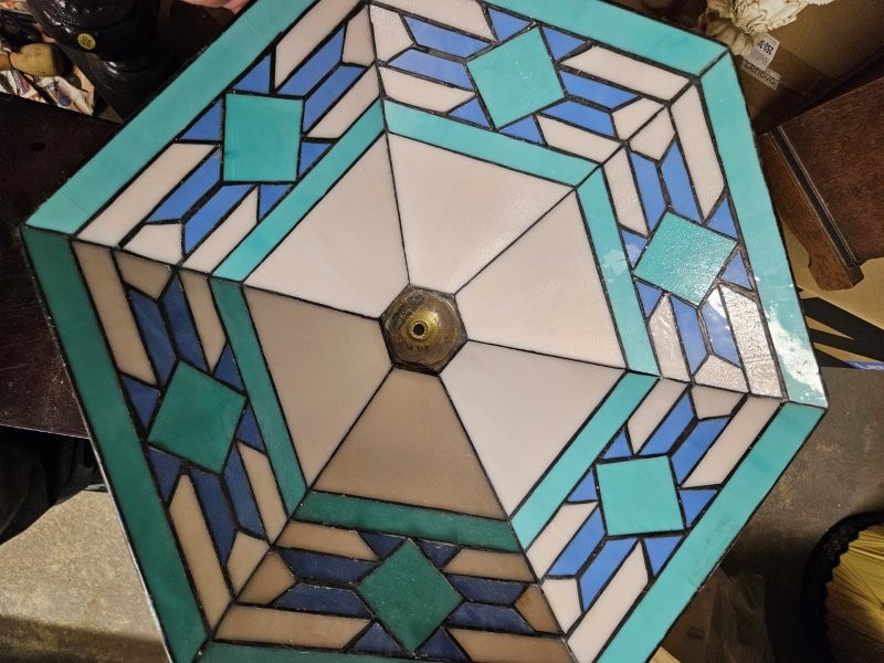 Vintage Geometric Stained Glass Lamp Shade – Mission Style - Image 3