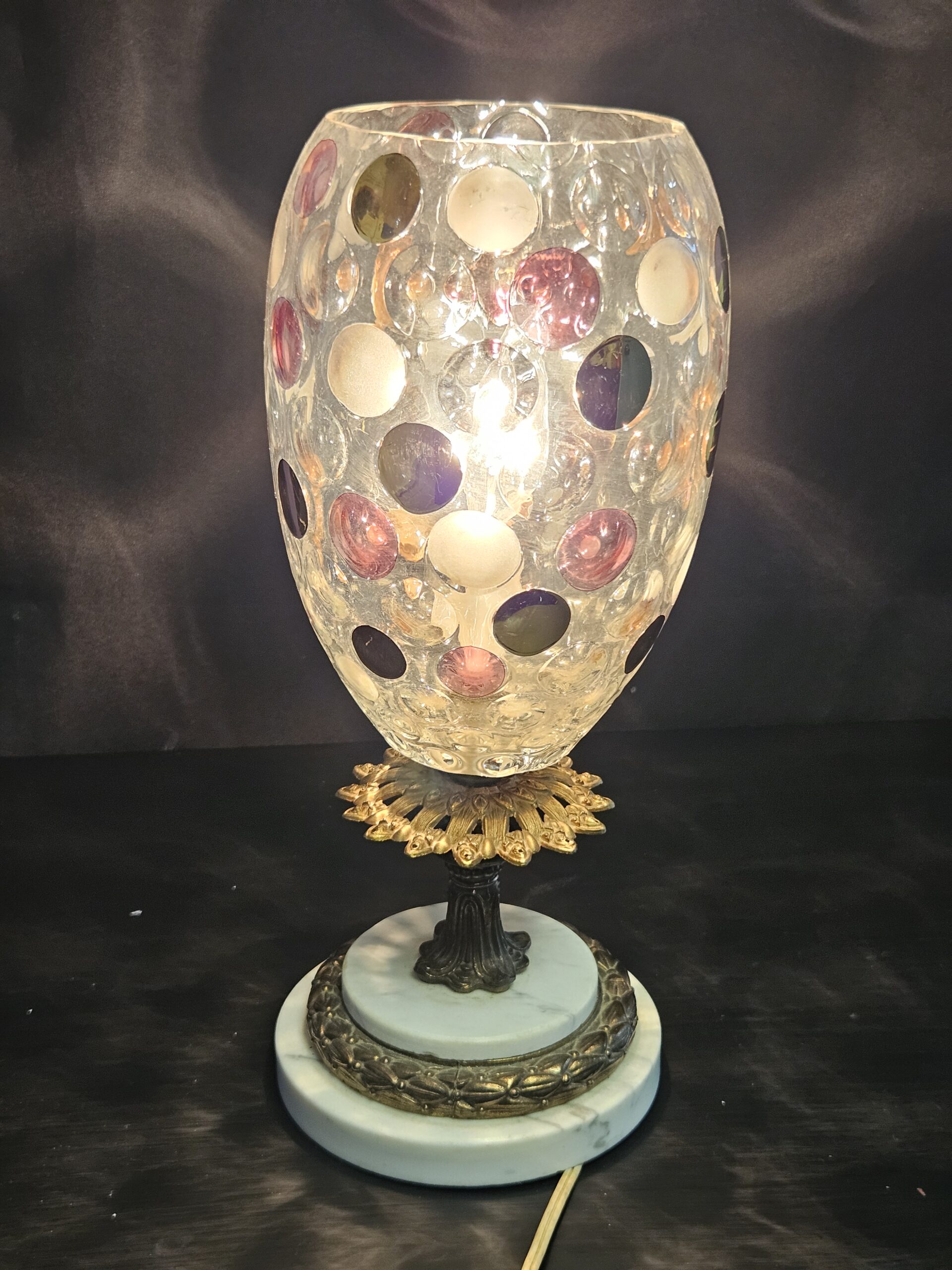 Vintage Art Glass- Hand-Blown Coin Dot Glass Lamp with Marble & Brass Base